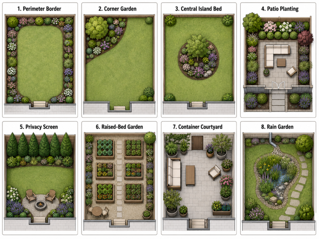 Comparison of eight backyard plant layout options.