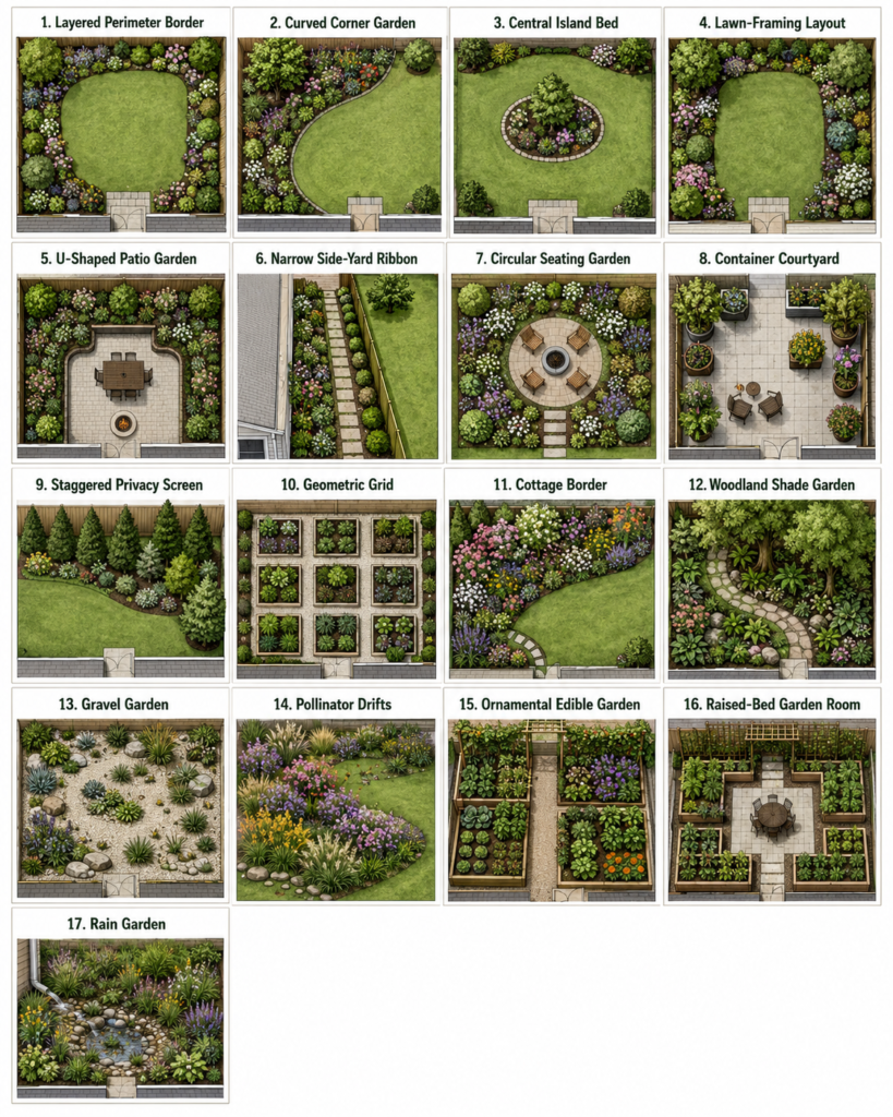 Overview of 17 backyard plant layout ideas.