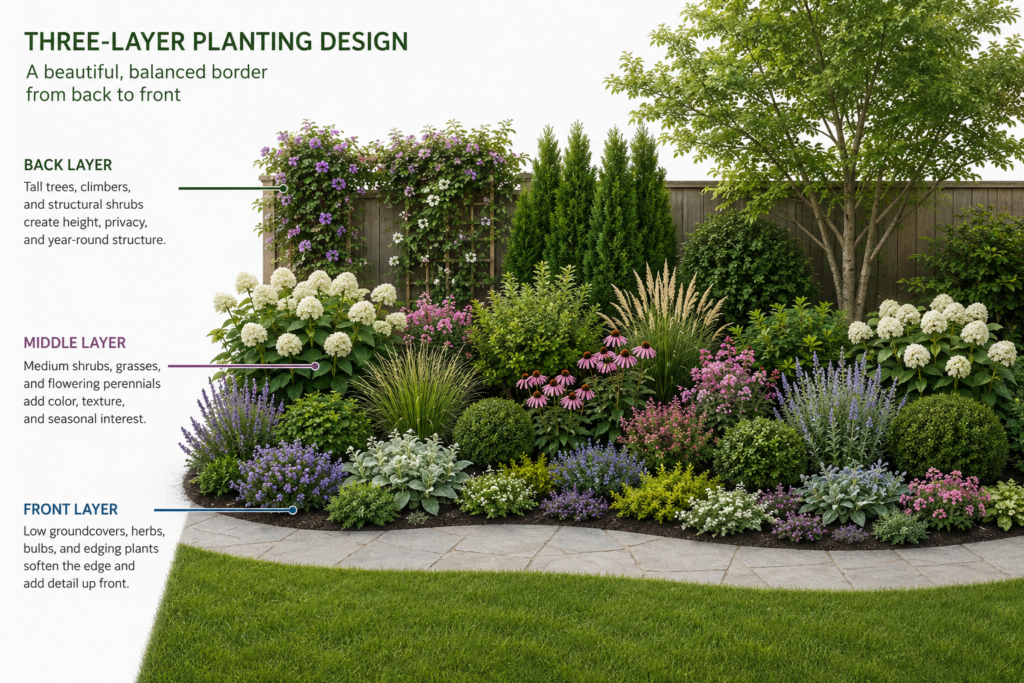 Backyard planting layers from tall shrubs to low groundcovers.