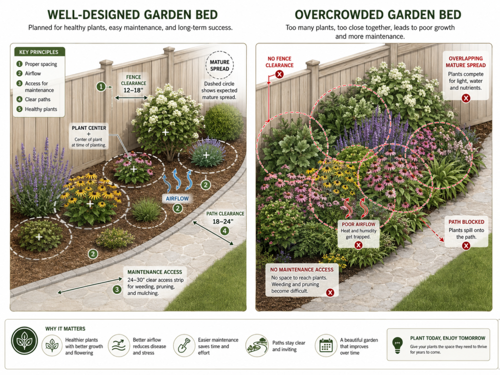 Correct mature plant spacing beside a fence and path.