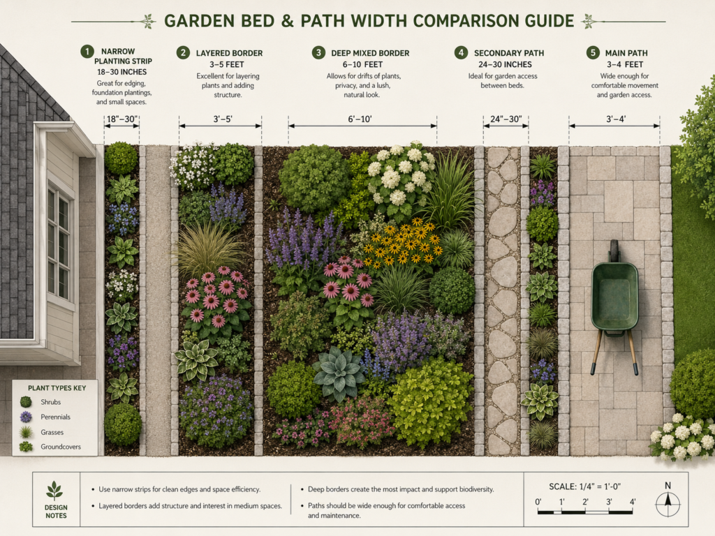 Recommended garden bed depths and path widths.