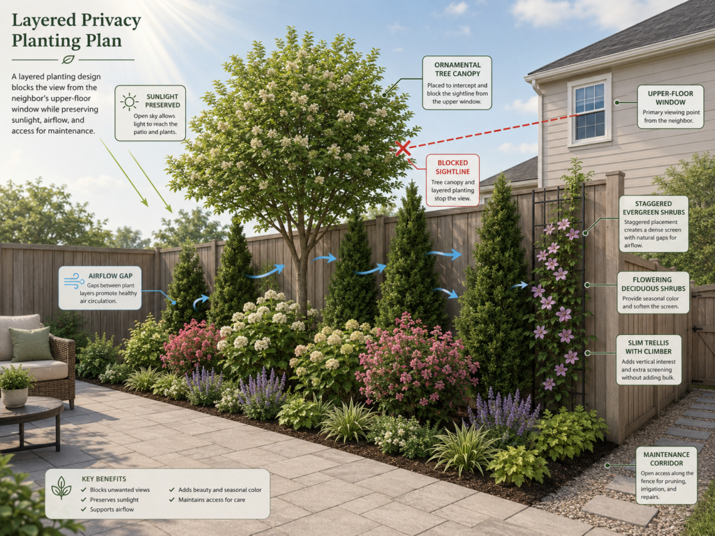 Layered privacy planting that preserves sunlight.