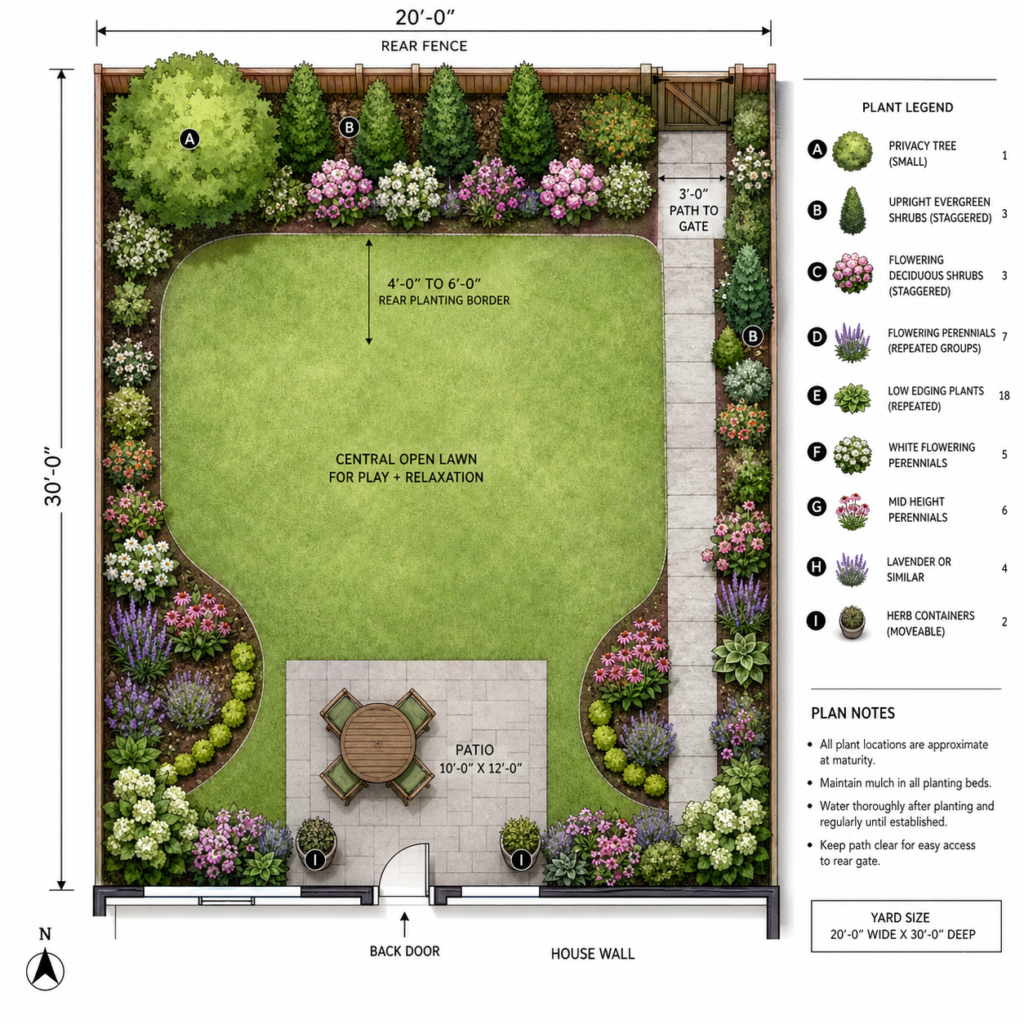 Measured 20-by-30-foot backyard planting plan.