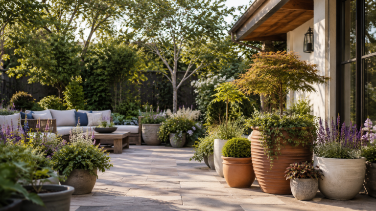Backyard ideas with potted plants around a patio seating area.