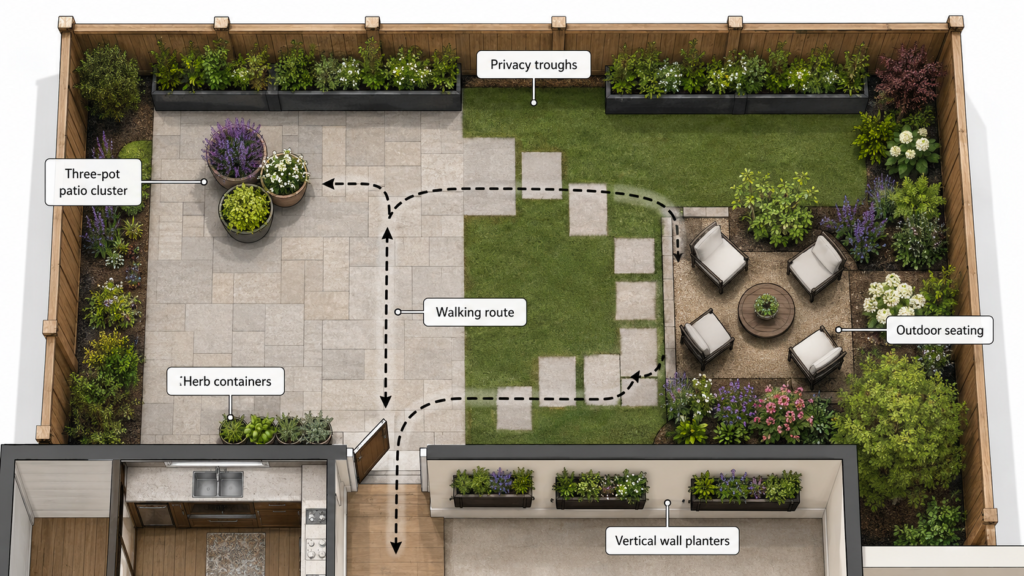 Backyard pot layout.