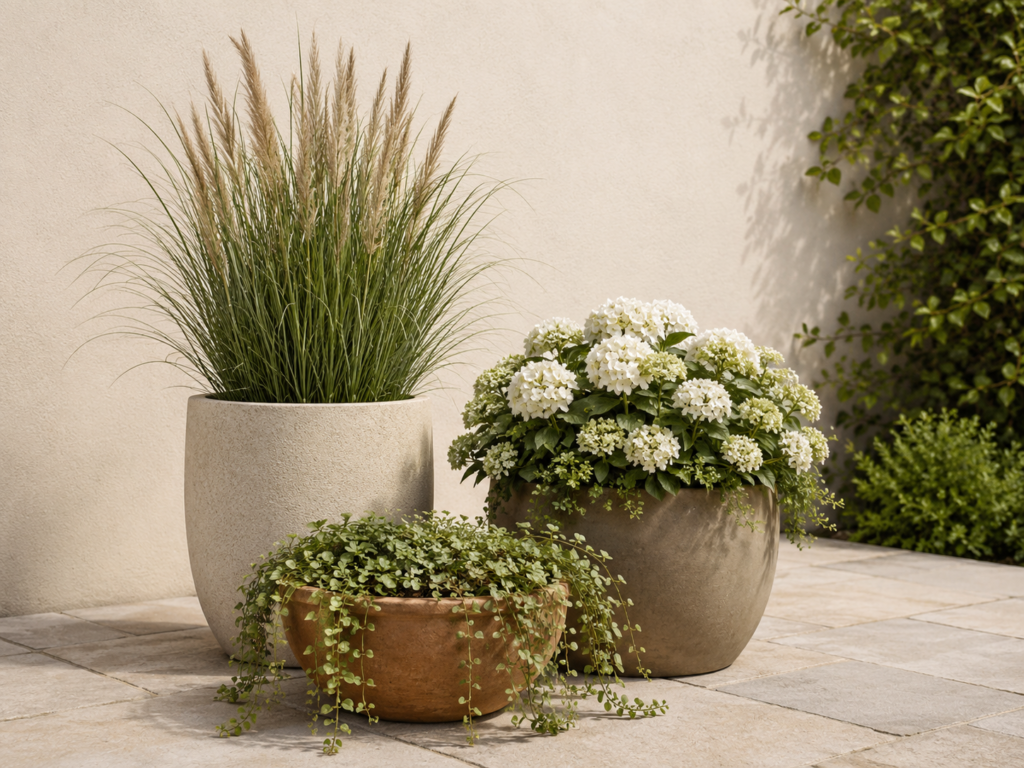 Three-pot arrangement with layered plants.