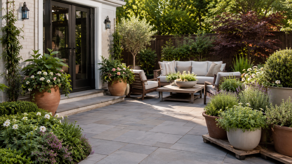 Coordinated potted plants in a backyard patio layout.