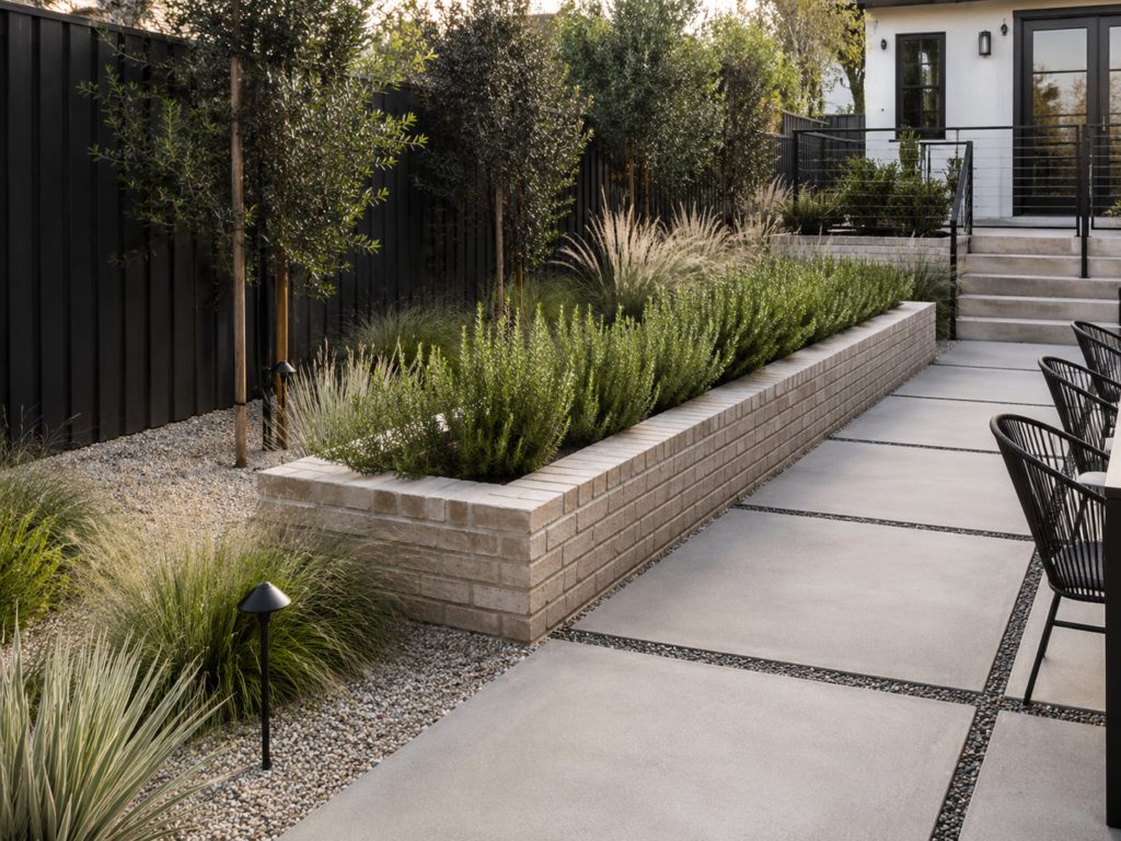Modern brick planter with grasses and gravel.