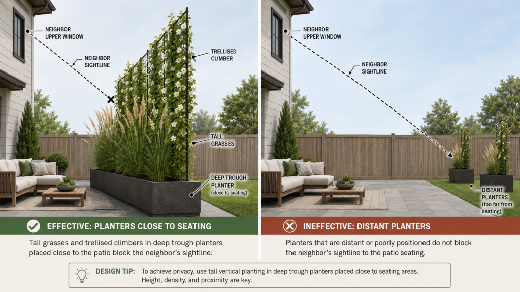 Backyard privacy created with tall potted plants.
