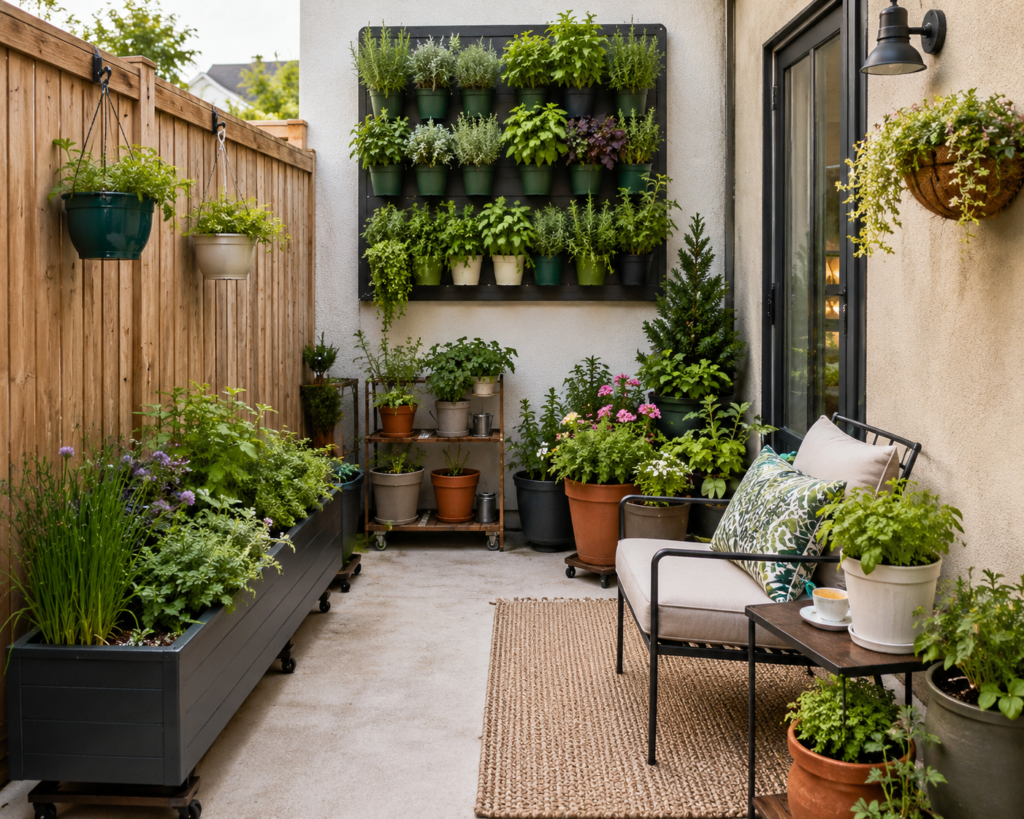 Small backyard decorated with vertical container plants.