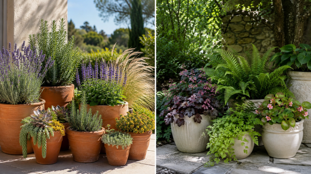 Full-sun and shade potted-plant comparison.