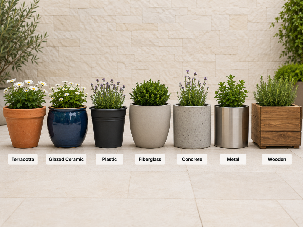 Outdoor pots showing different planter materials.