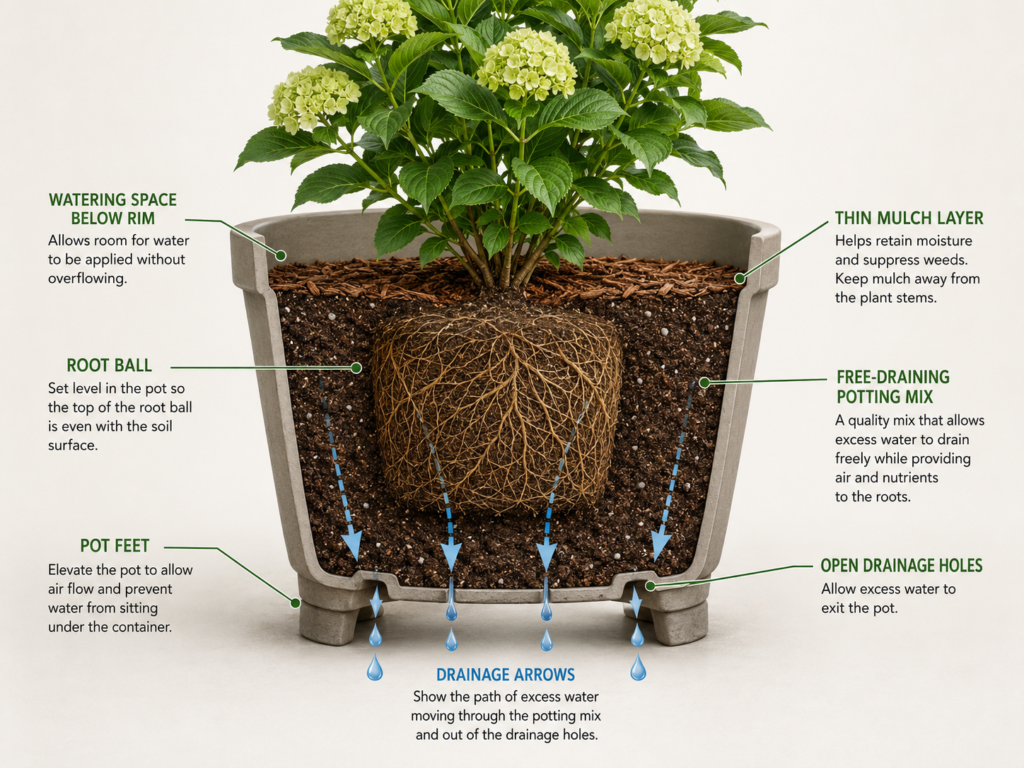 Correct outdoor pot planting and drainage diagram.