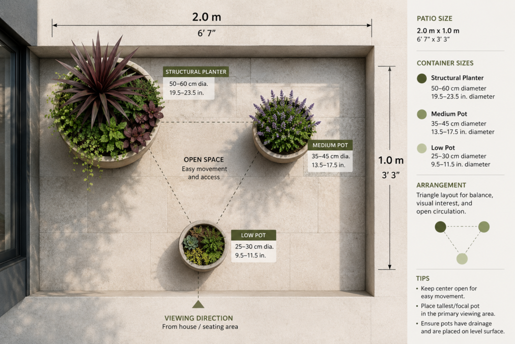 Small patio layout with three coordinated pots.