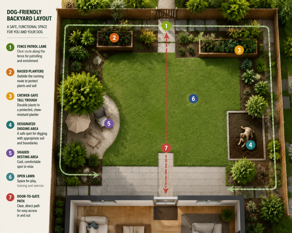 Dog-friendly planter layout.