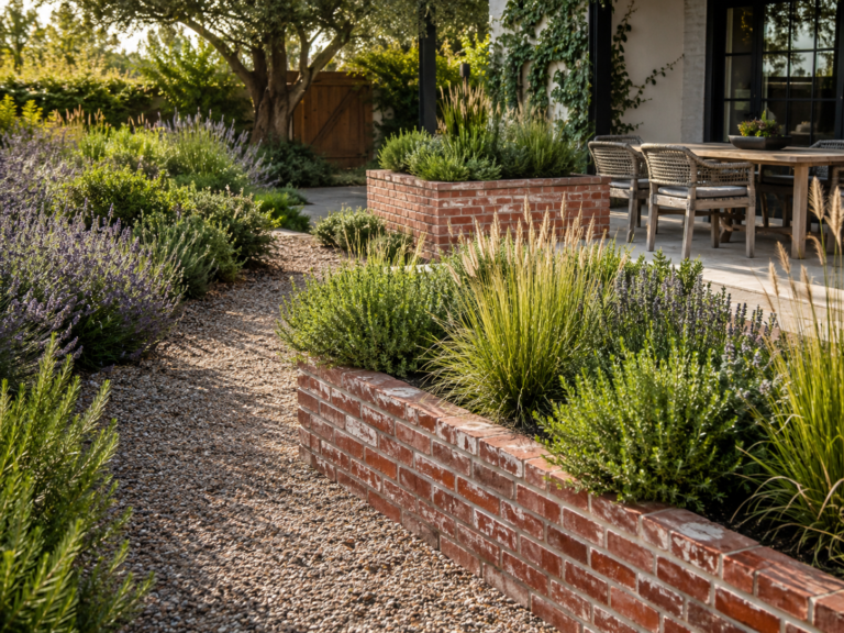 Backyard brick planter ideas with herbs and flowers.