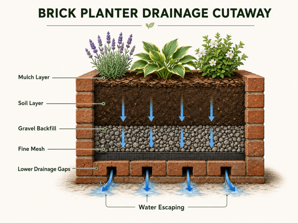 Brick planter drainage with gaps mesh and gravel.