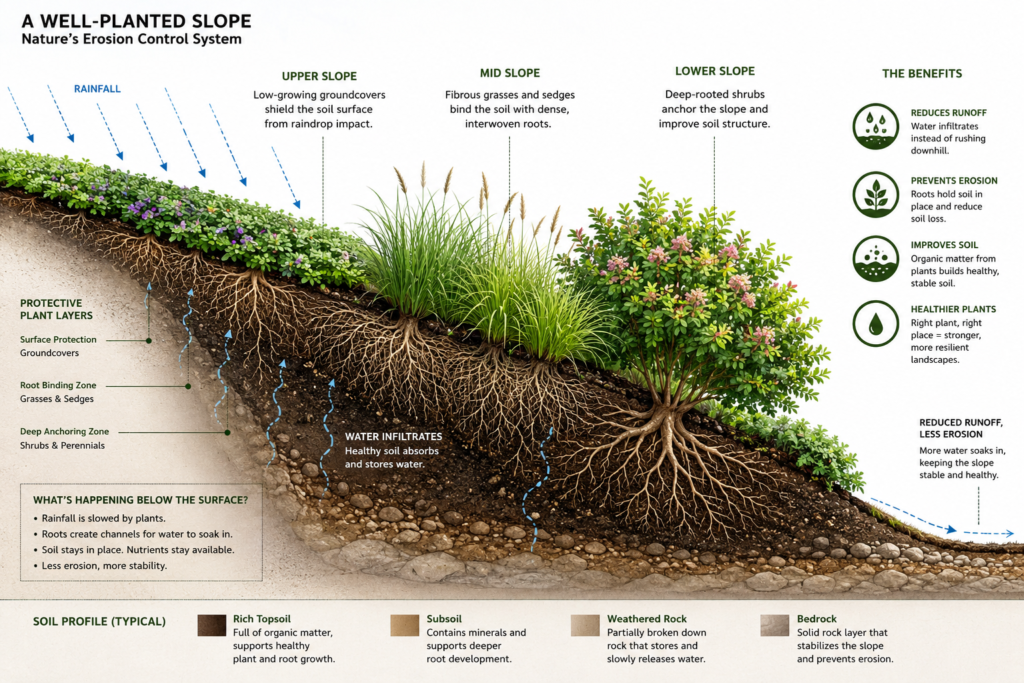 Three-layer slope planting.