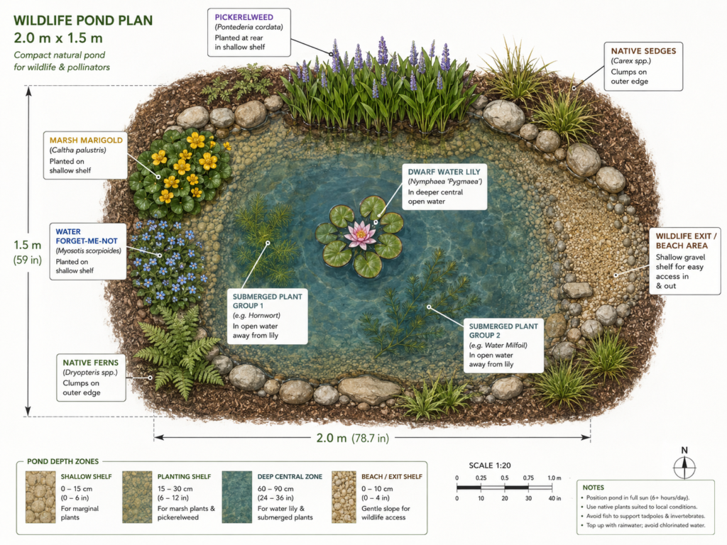 Small wildlife pond layout.