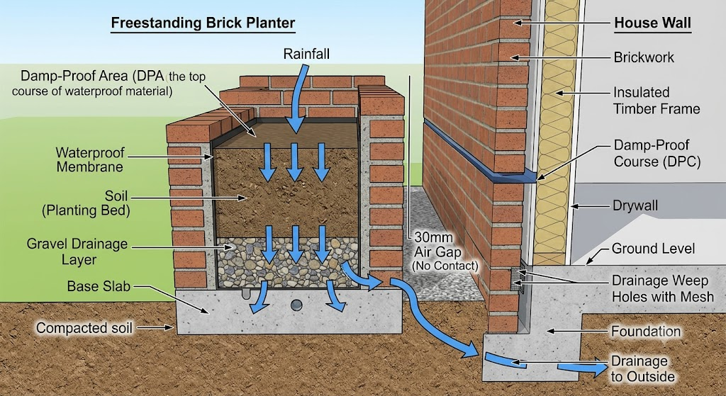 Safe brick planter near house wall with air gap.