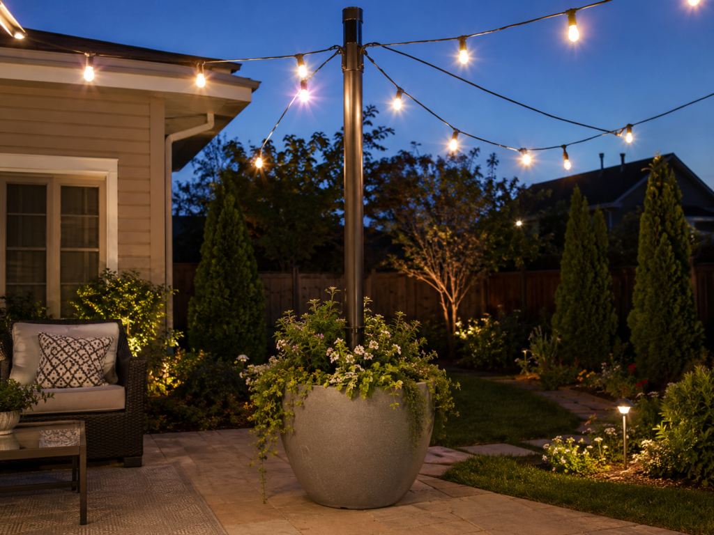 Backyard planter with string lights.