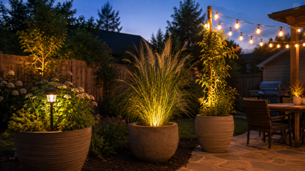 Lit backyard planters at dusk.