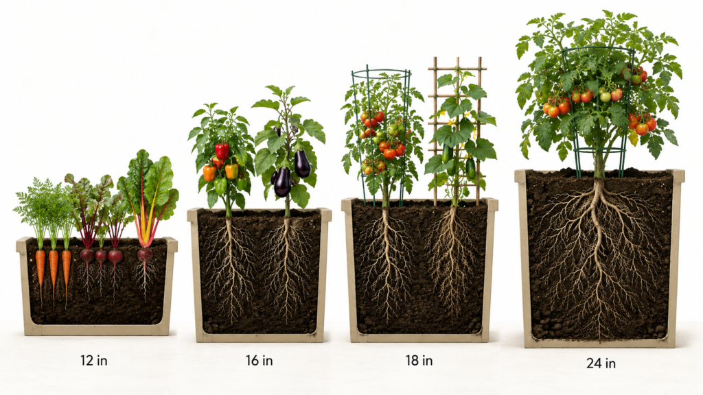 Vegetables by planter depth.