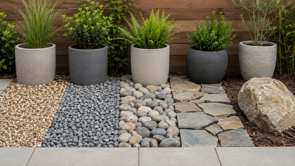 Simple backyard planter ideas with rocks.