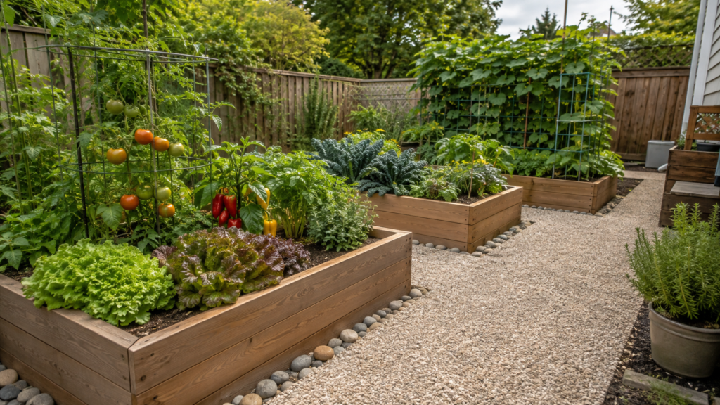 Gravel paths around planters.