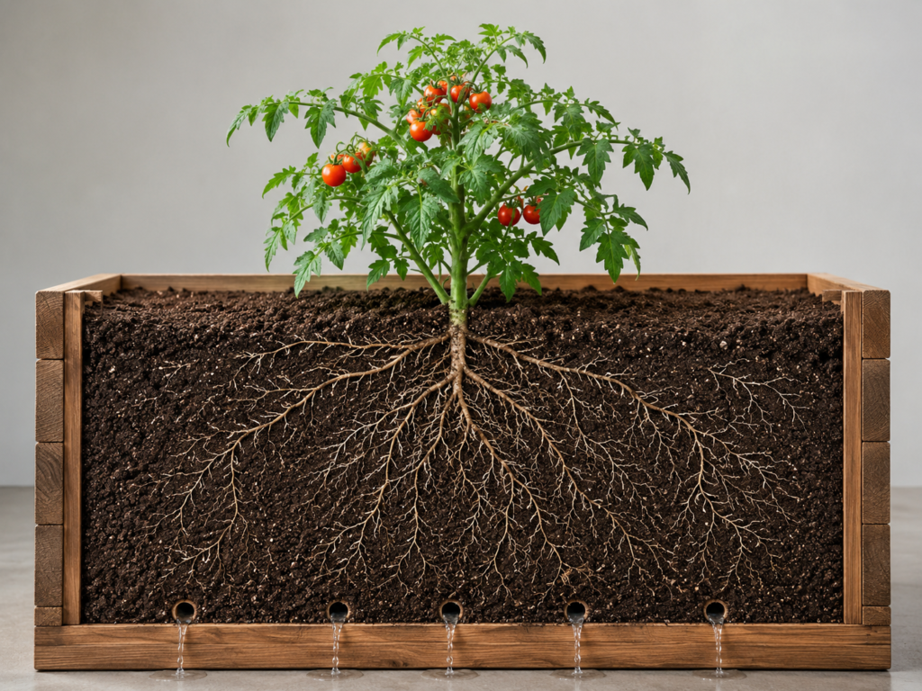 Planter drainage cutaway.