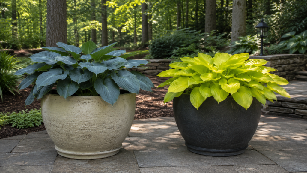 Blue and gold hostas.