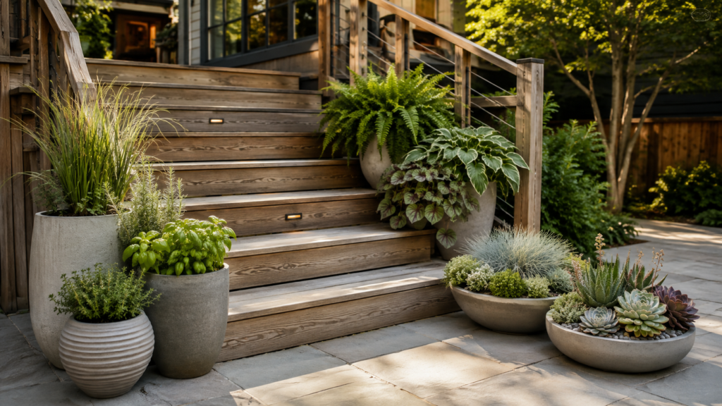 Plants for deck stairs.
