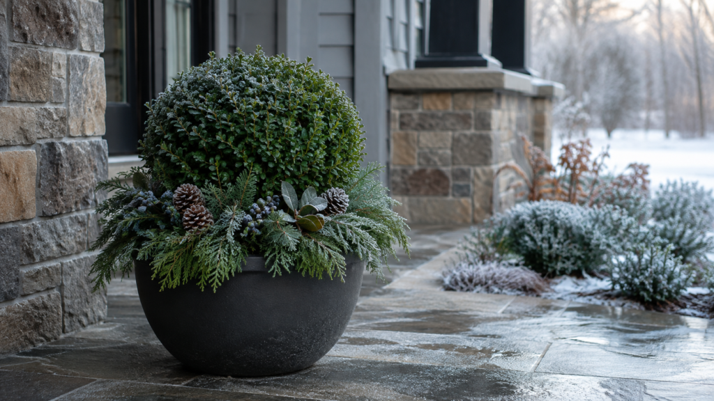 Winter boxwood planter