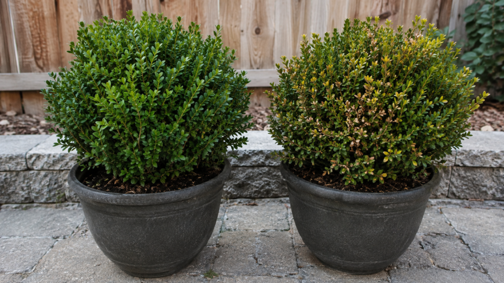 Potted boxwood turning brown