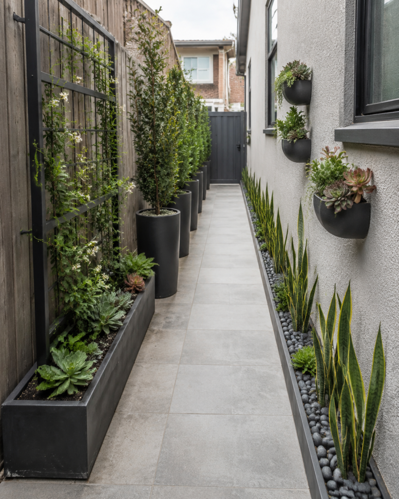 Narrow pathway planters.
