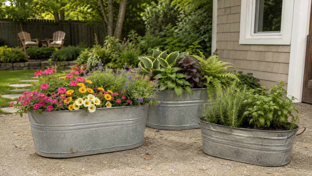 Outdoor galvanized tub planter ideas