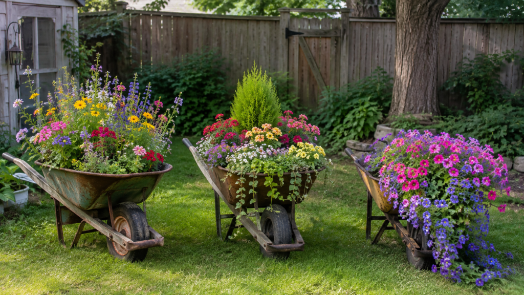 Outdoor wheelbarrow planter ideas
