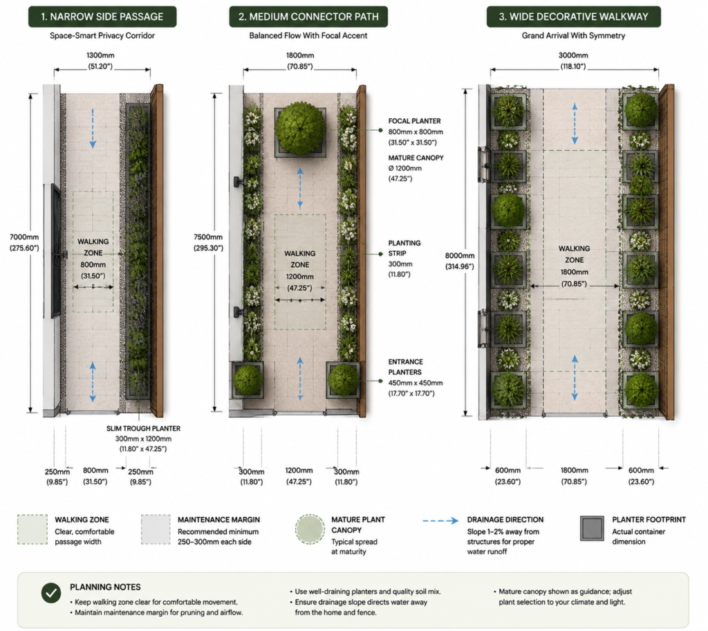 Pathway planter layouts.