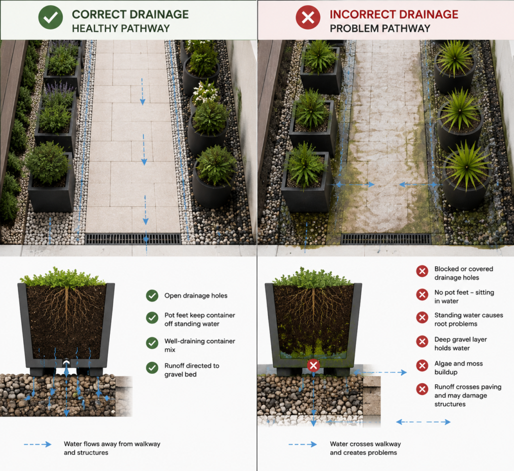 Planter drainage guide.