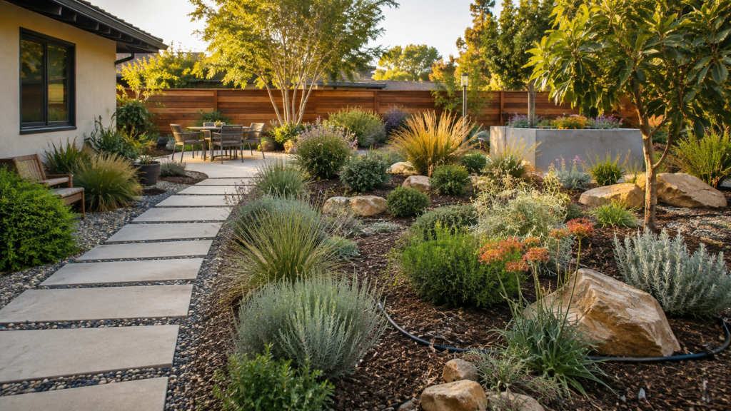 low water backyard plants California  