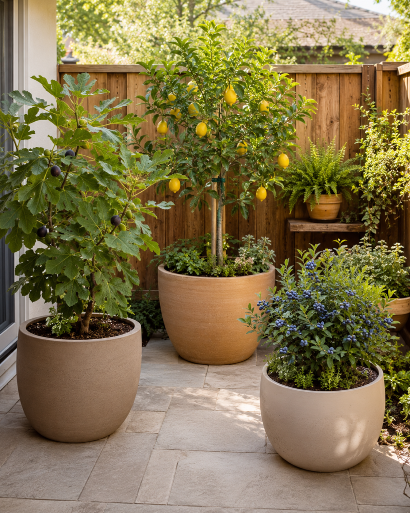 Three-tree patio orchard.