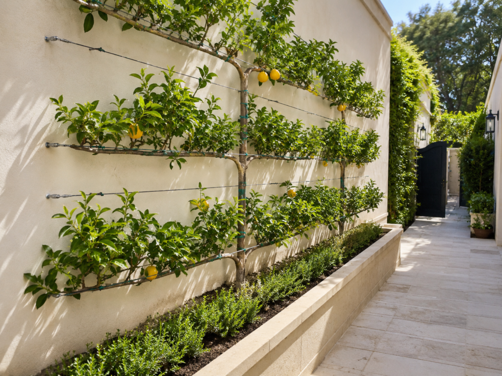 Wall-trained citrus tree.
