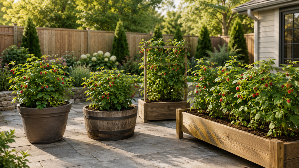 Outdoor raspberry planter ideas.