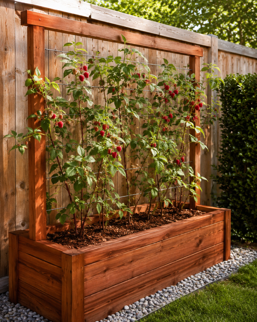 Raspberry trellis planter.