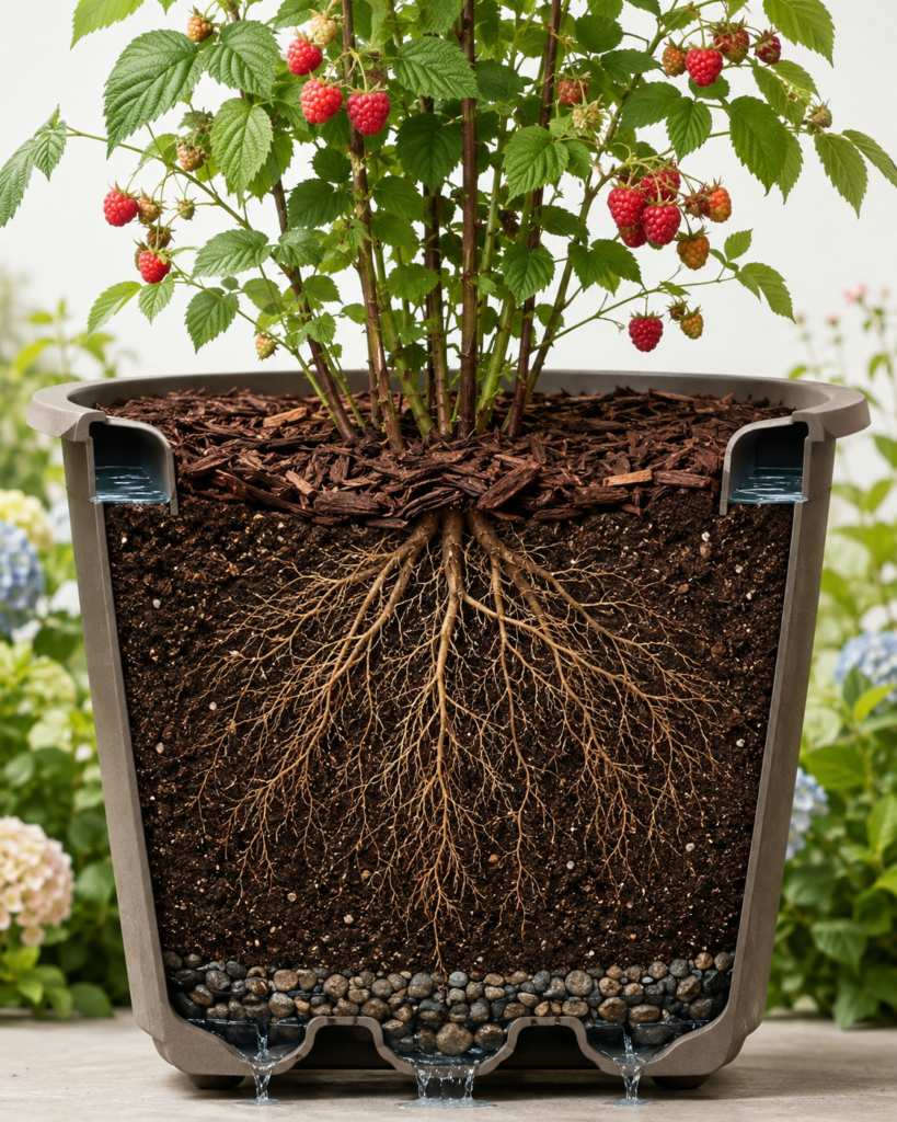 Raspberry planter drainage.