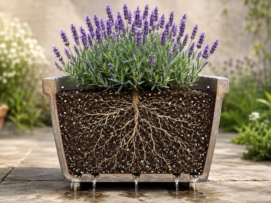 Lavender pot drainage.