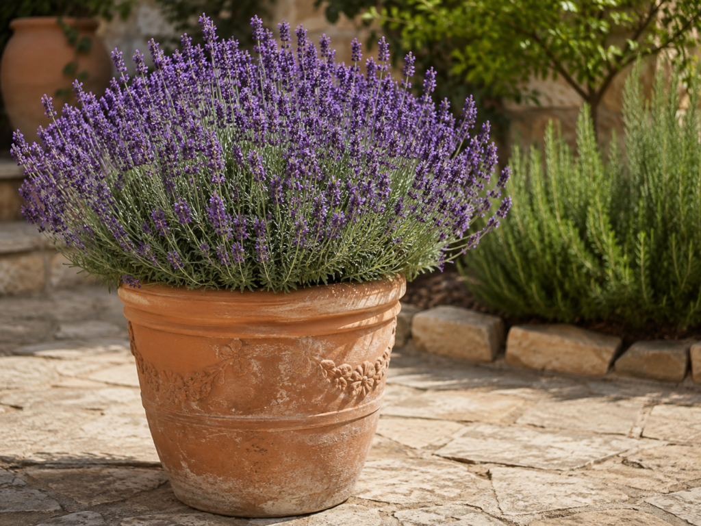 Lavender in terracotta pot.