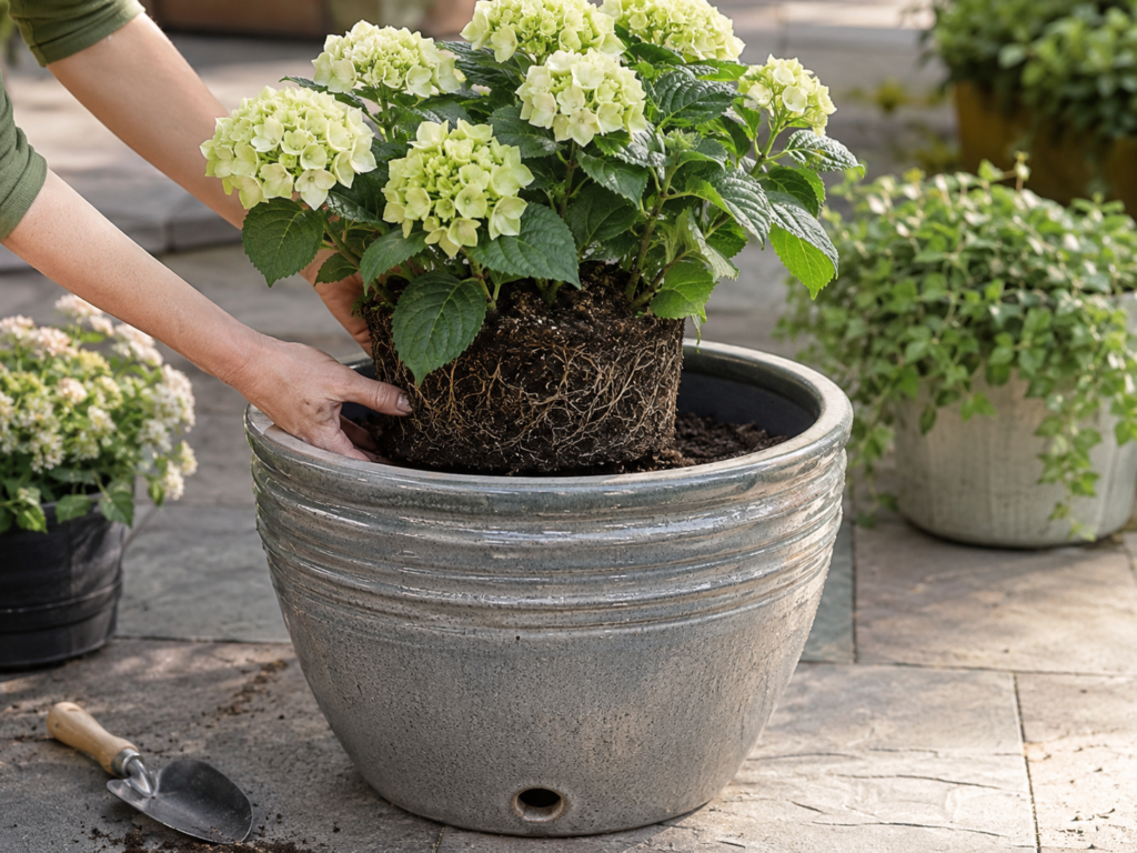Planting hydrangeas.