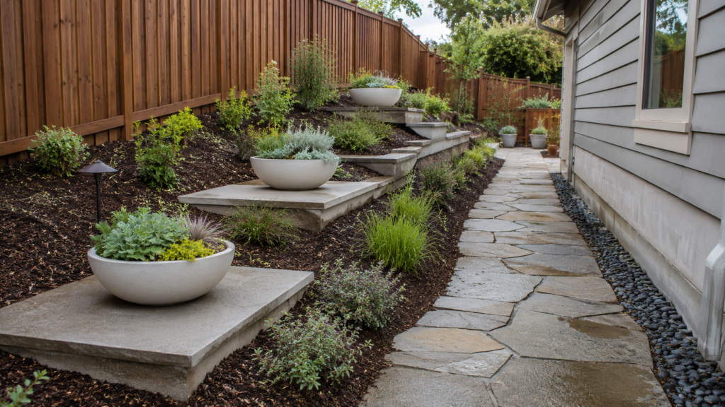 Sloped side yard planters.