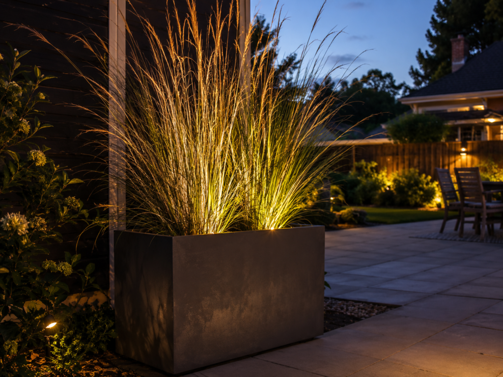 Uplit ornamental grass planter at dusk..